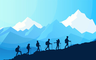 Fototapeta na wymiar Sports team climb a mountain. Cooperation. Travel concept of discovering, exploring, observing nature. Hiking tourism. Adventure. Minimalist graphic flyers. Polygonal flat design illustration