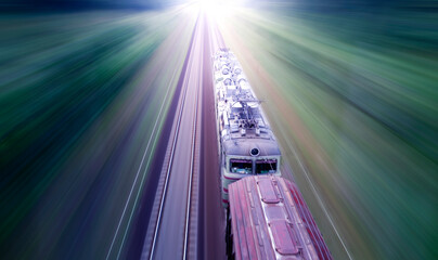 Top view of freight train, motion blur.