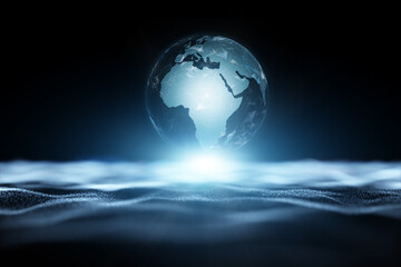 Conceptual 3d digital earth globe with artistic waves and sun lens flare illustration.
