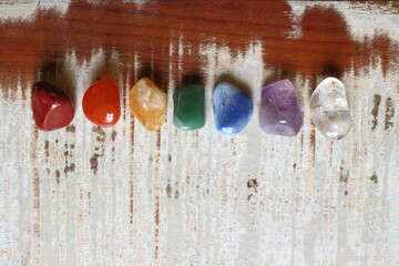 Chakras Stones to Heal. Wellness and peace. Seven chakras stones on the board
