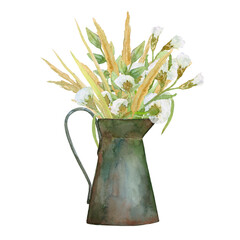 Herbs and leaves collected in a watering can. Bouquet. The image is hand-drawn and isolated on a white background. Watercolour.