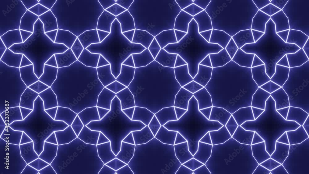 Aufkleber neon glowing violet pattern in symmetric mosaic in a dark space. seamless motion graphic background 