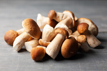 White or porcini mushrooms on wooden table.