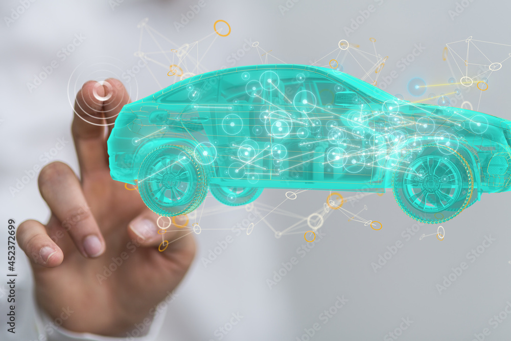 Poster Autonomous car with HUD graphic of Navigation system driving