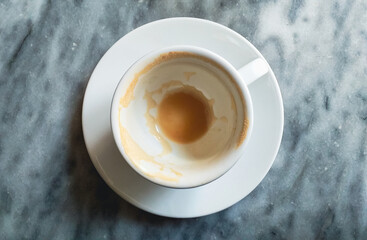 empty cup of cappuccino or coffee close up on grey marble stone background