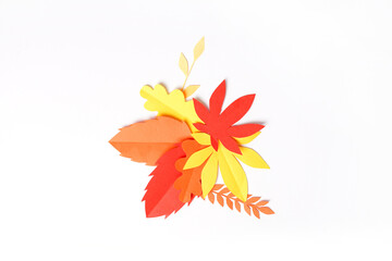 red, orange paper autumn Leaves isolated on white background. Handmade origami.