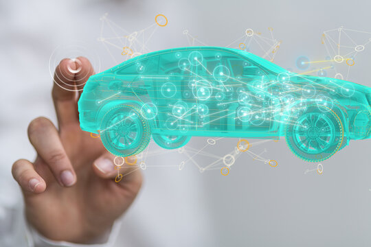 Autonomous car with HUD graphic of Navigation system driving