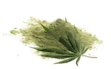 Hemp protein powder with green leaf isolated on white background