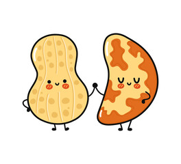 Cute, funny happy peanut and brazilian nut character. Vector hand drawn cartoon kawaii characters, illustration icon. Funny cartoon peanut and brazilian nut friends concept