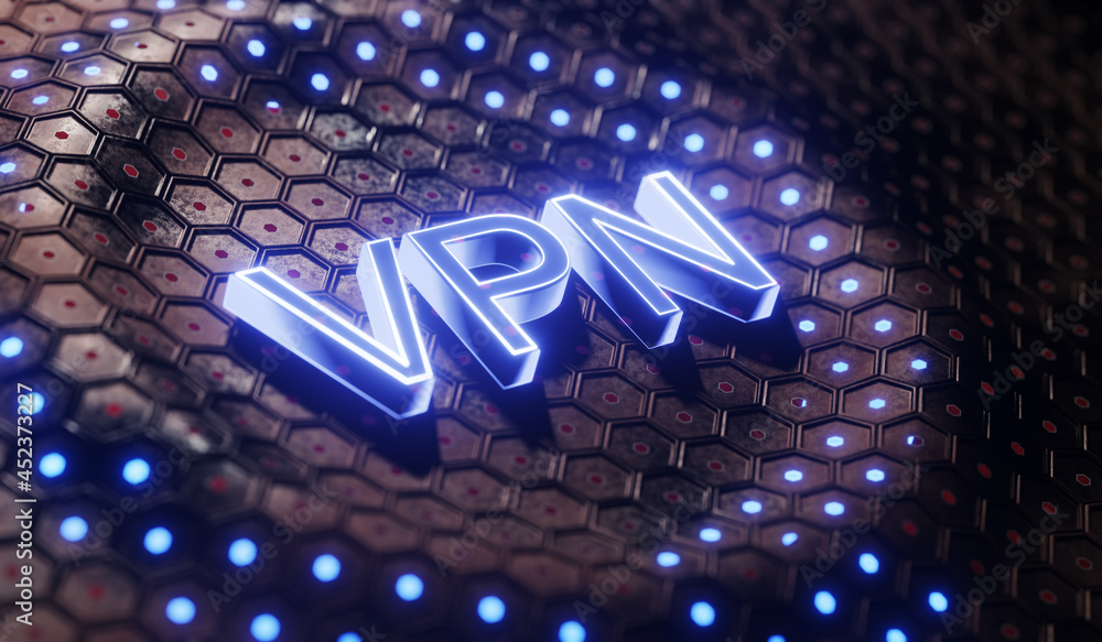 Poster vpn use concept. vpn inscription on a futuristic background. secure website access and privacy. 3d r
