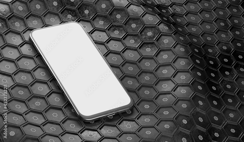 Poster a mockup of a smartphone with a white screen on a futuristic backdrop of their hexagon background. b