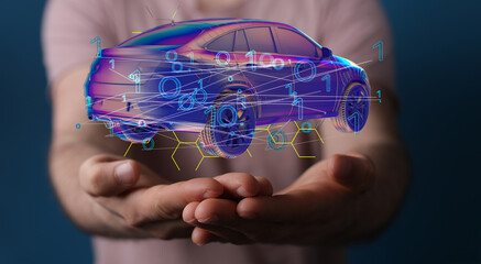 Hologram auto, futuristic polygonal model auto.