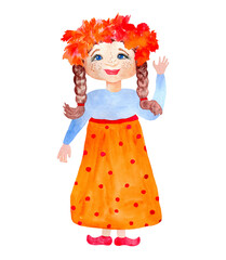 Watercolor girl with  blue eyes with hand up. Cute girl in autumn leaves wreath on head isolated on white.