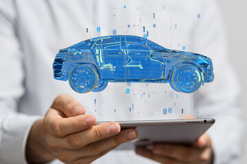 Hologram auto, futuristic polygonal model auto.