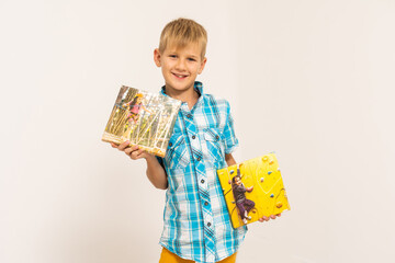 boy holding photo canvas on white background.