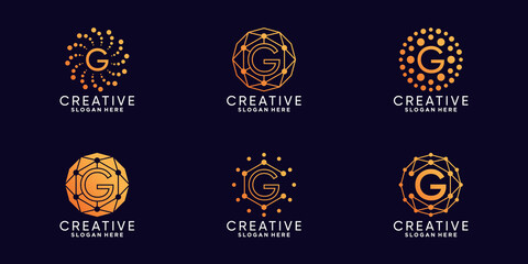 Set bundle monogram logo design technology initial letter g with unique line art and dot style Premium Vector