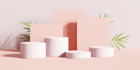 Podium product display stand with nature leaves on pink background. 3D rendering