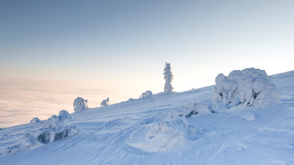 Fototapeta na wymiar Dawn on snowy peaks after a blizzard