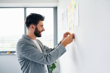 Happy young businessman sticking notes on office wall