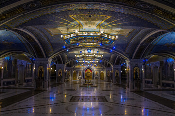 multi-colored richly decorated interior of the main temple of the Russian Armed Forces with mosaics, frescoes and inlays in Kubinka Moscow Region