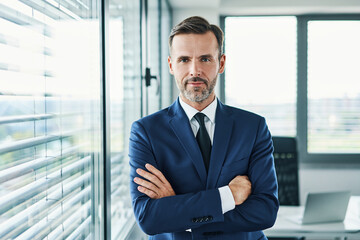 Portrait of businessman standing with arms crossed in modern office