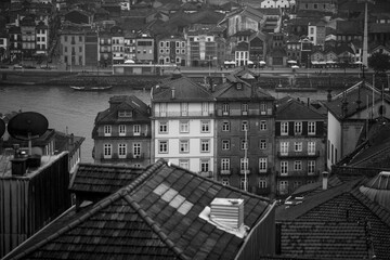 View of the Douro river in old center of Porto, Portugal.  Black and white photo.