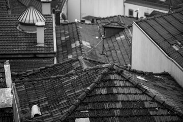 View of the roof of houses in old center of Porto, Portugal. Black and white photo.