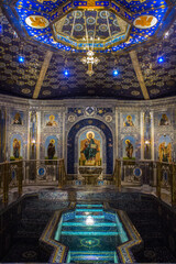 multi-colored richly decorated interior of the main temple of the Russian Armed Forces with mosaics, frescoes and inlays in Kubinka Moscow Region