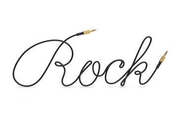 Obraz premium Cable with audio connector Rock word shaped isolated on white. 3d rendering.