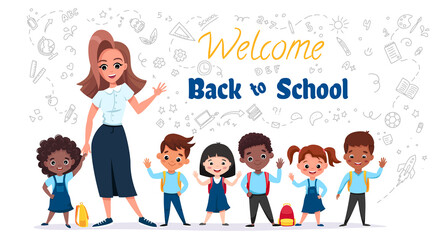 Welcome Back to school concept. Pupils on the uniform smiling with their teacher. Banner design with funny and cute cartoon characters. Vector cartoon illustration isolated on white background