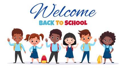 Welcome back to school! Cute school kids with backpacks are happy waving and smiling! Education concept. Cartoon vector illustration. 
