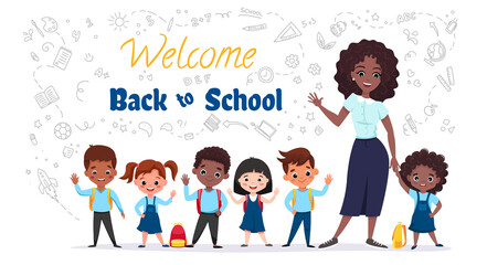 Naklejka na ściany i meble Welcome Back to school concept. Little children smiling with their teacher. Banner design with funny and cute cartoon characters. Vector cartoon illustration isolated on white background