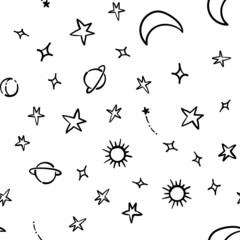 Stars, planets and moons seamless pattern. Hand drawn sky element doodles. Background texture. Space, universe and cosmos.