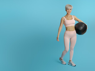 Beautiful sexy athletic woman holding a medical ball. COPY SPACE