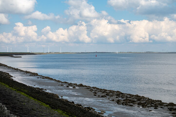 Obraz premium View on white sandy beach, dunes and water of North sea between Vlissingen en Domburg, Zeeland, Netherlands