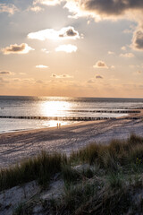 View on white sandy  beach, dunes and water of North sea between Vlissingen en Domburg, Zeeland, Netherlands