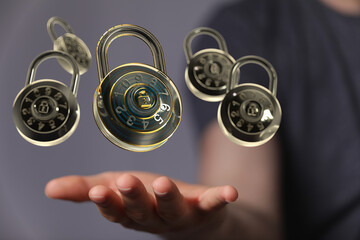 Businessman using digital padlock with data protection 3D rendering
