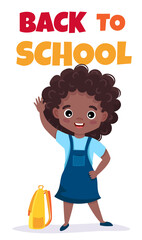 Back to school card or phone banner with cute schoolchild. Editable template for social media or marketing templates. Vector cartoon illustration isolated on white background.