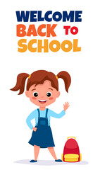 Back to school card or phone banner with cute schoolchild. Editable template for social media or marketing templates. Vector cartoon illustration isolated on white background.