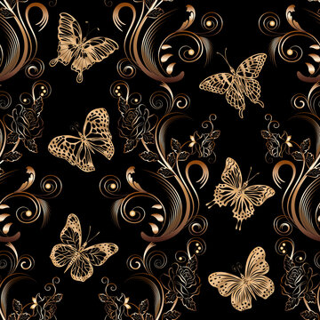 Pattern With Gold Butterflies And Ornaments.Gold Butterflies And Ornament On A Black Background In A Seamless Vector Pattern.