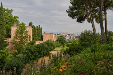 Fototapeta na wymiar View of the of the Alhambra and Granada gardens in Spain. 