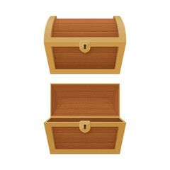 Old wooden and golden chest with opened and closed lid.  Pirate treasure. Vintage trunk.Cartoon style illustration. Vector.