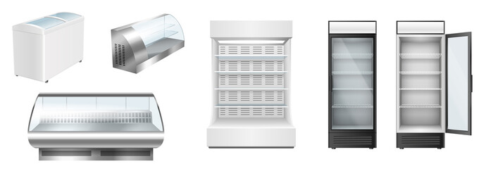 Set of vertical and horizontal fridges showcases with glass doors for display in grocery store