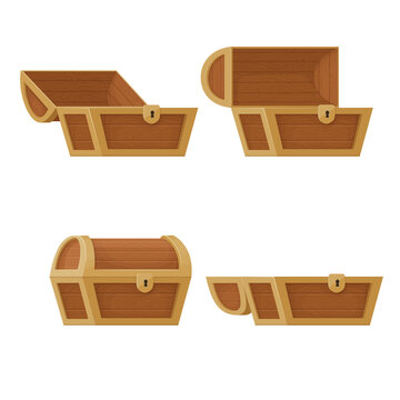 Collection of old wooden chests with open and closed lids.  Pirate treasure. Vintage trunk.Cartoon style illustration. Vector.