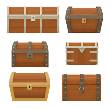 Collection of old wooden chests of various shapes and sizes.  Pirate treasure. Cartoon style illustration. Vector.
