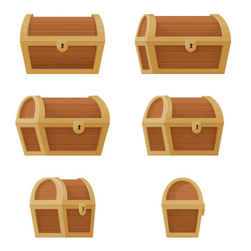 Rotation of an old wooden chest with a closed lid.  Pirate treasure. Vintage trunk.Cartoon style illustration. Vector.