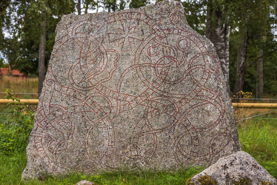 Close up view of runestone with inscription from the 1000s AD. Sweden. 