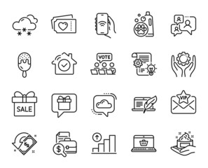 Vector set of Graph chart, Accounting report and Support chat line icons set. Wish list, Pet shampoo and Cloud communication icons. Sale offer, Internet app and Love tickets signs. Vector