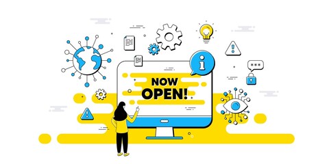 Now open text. Internet safe data infographics. Promotion new business sign. Welcome advertising symbol. Now open information message. Isolated AI privacy banner. Vector