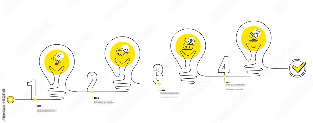 Poster business infographic timeline with 4 steps. lightbulb journey path infographics. workflow process di